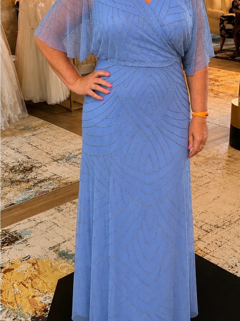 Adrianna Papell Sky Blue Beaded Wrap-Style Evening Dress